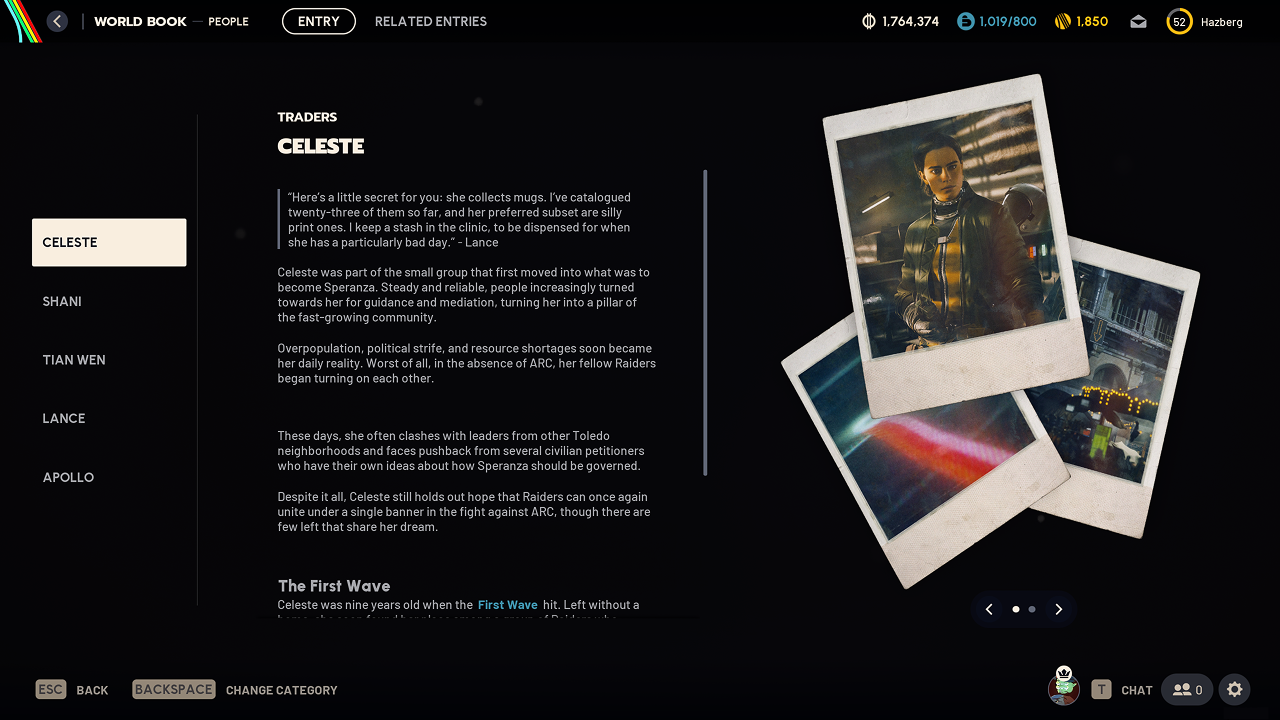 The Codex Entry screen for Celeste. The left half of the screen is paragraphs of text telling Celeste's story. The right half shows photographs of Celeste and her home