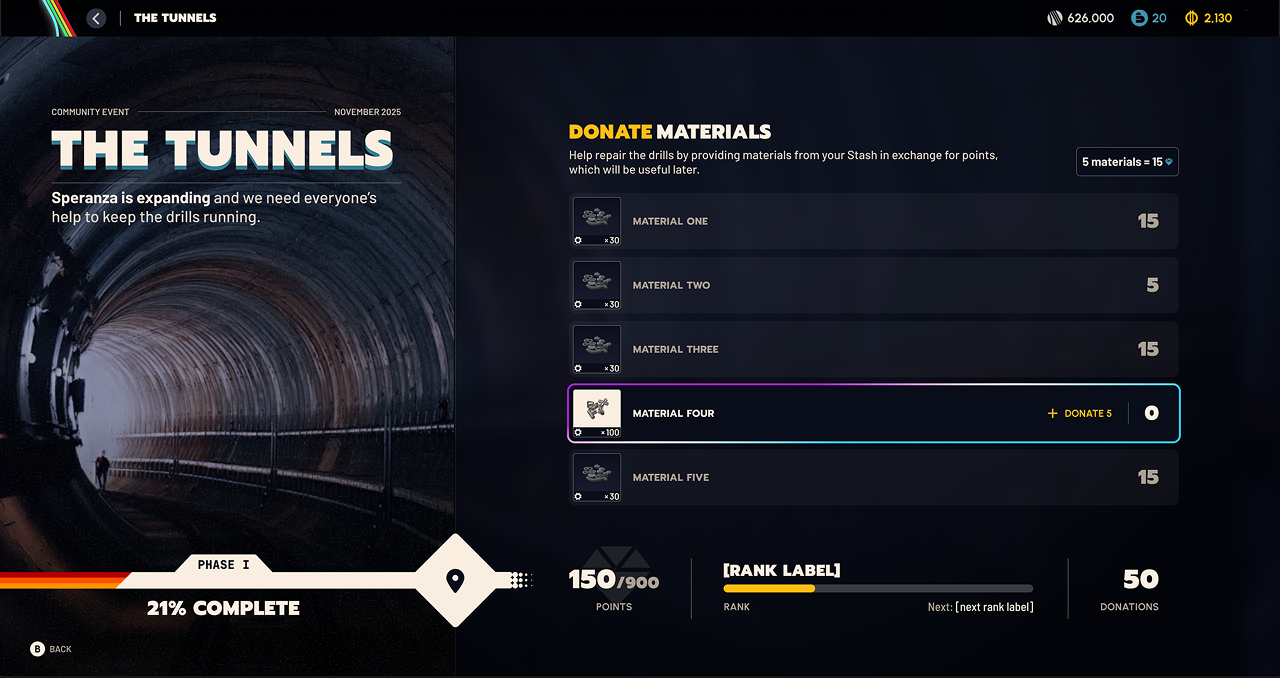 The final Figma mockup of the Phase One design. It is very similar to the Variant A sketch, showing a large graphic of a mysterious tunnel behind the title and community progress bar. In addition to the 5 material rows, a new section at the bottom of the screen shows the individual contribution stats, the total Points currency the player has earned and their Donator Rank